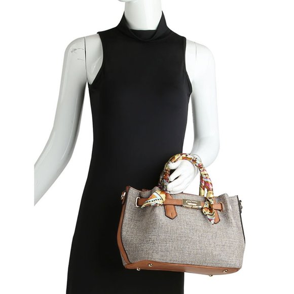 Linen with scarf Handle handbag in Coffee - Picture 5 of 5